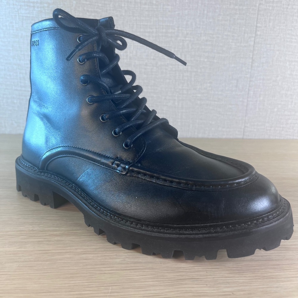 Hugo Boss Leather Moc Toe Combat Boots Black Lug Sole Portugal Men's Size 11